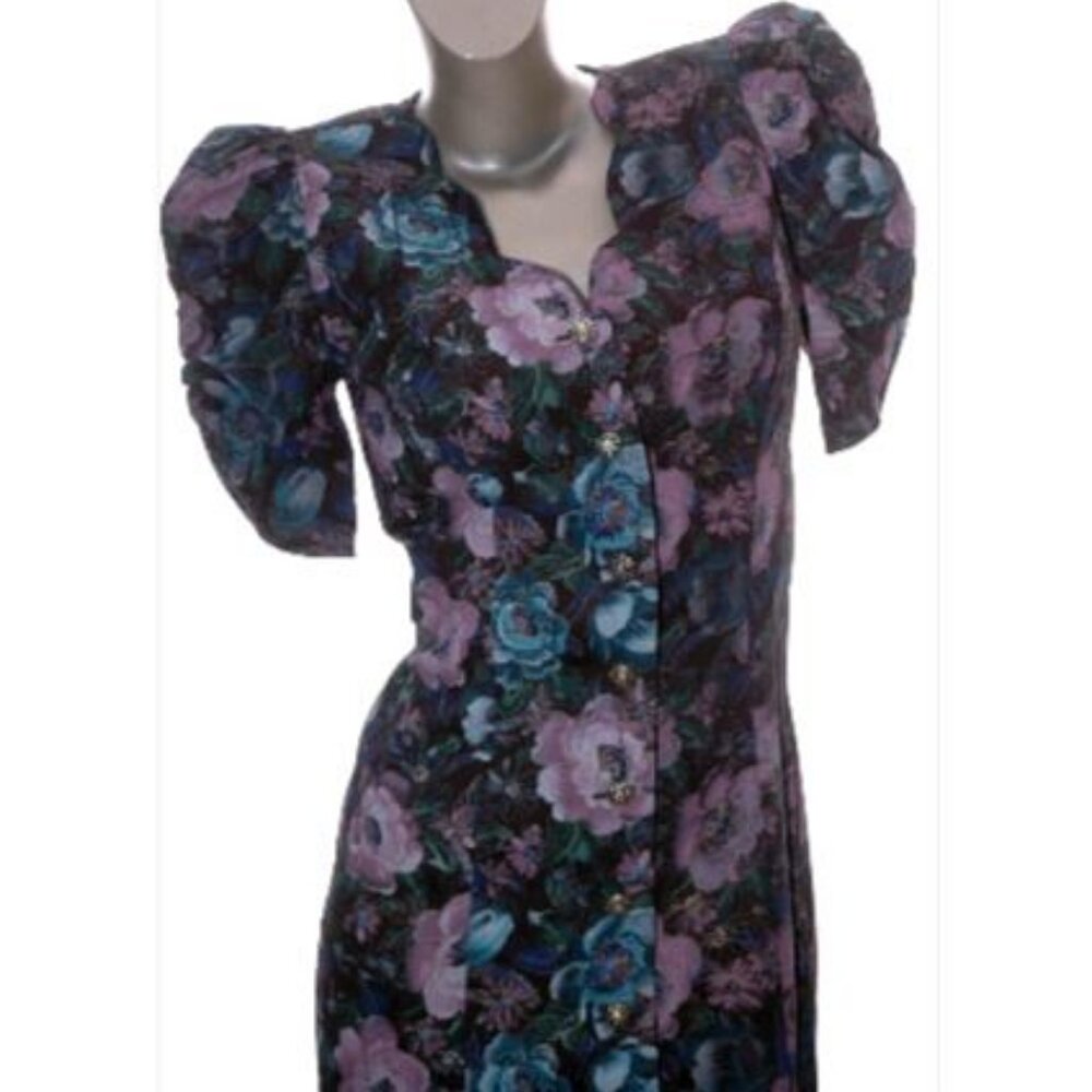 Vintage 80s Midi Dress Cottage Core Puff Sleeves Scallop Black Pastel Floral 7/8